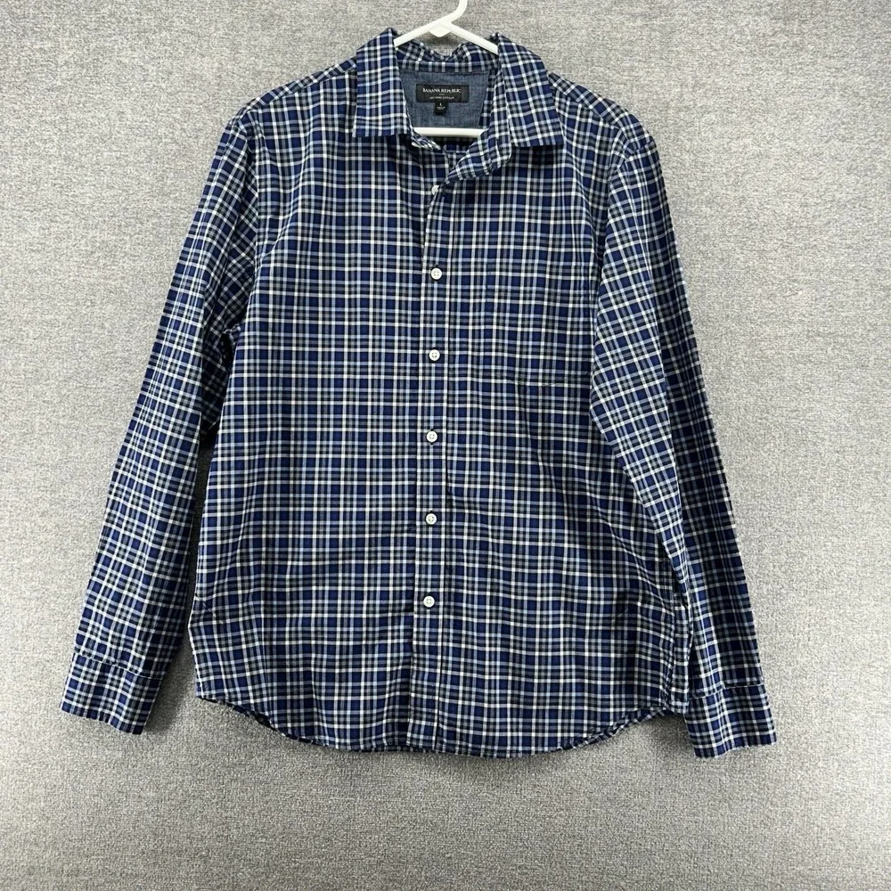 Banana Republic Shirt Men Size Large 100% Organic Cotton Plaid Long Sleeve‎